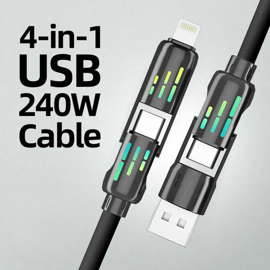 ChargeMaster™ 240W 4-in-1 USB-C Fast Charging Cable with Free Storage Bag – Universal 4-Device Compatibility